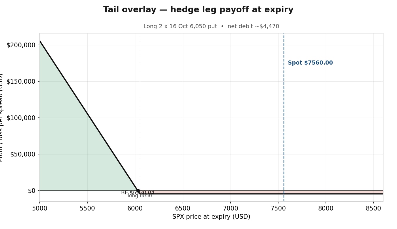 The hedge leg on its own – deep long put payoff at expiry. Illustrative and educational only; not predictive. Source: Saxo