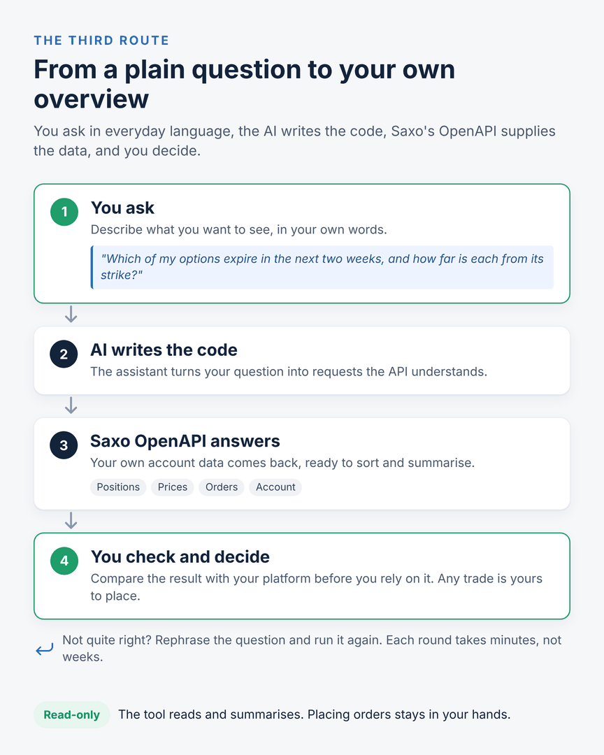 The third route: you ask, the AI writes the code, the API supplies the data, and every decision stays with you.