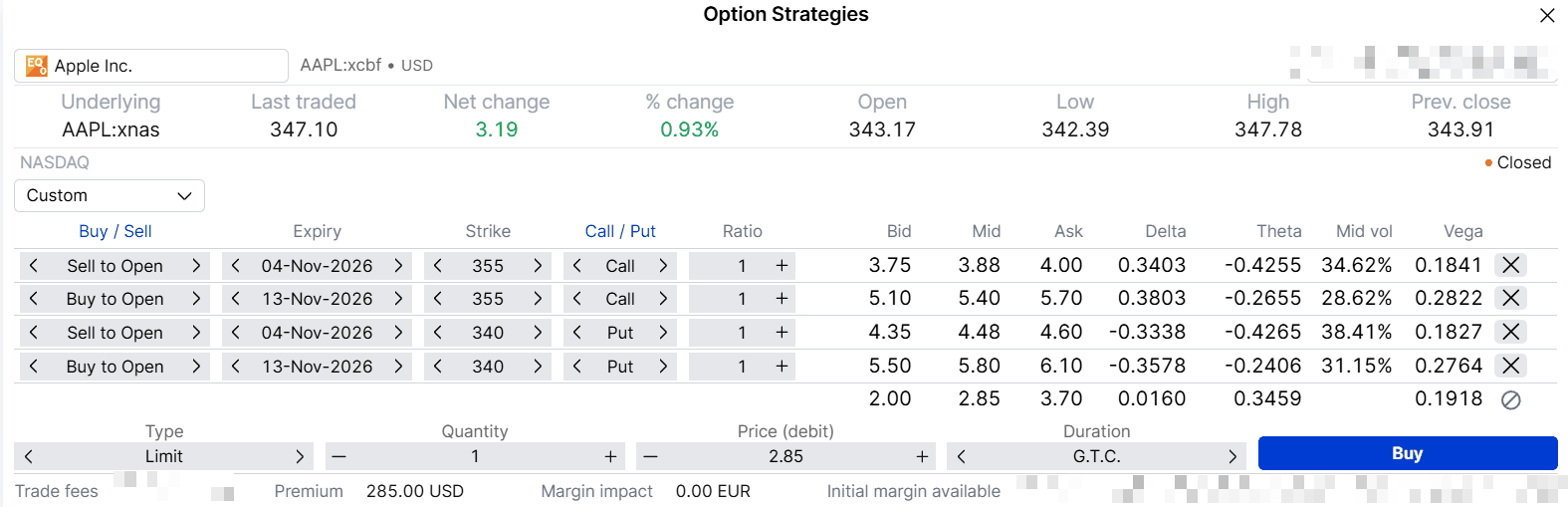 SaxoTrader order ticket for the double calendar with its four legs. Hypothetical example for education only. Source: SaxoTrader, 27 October 2026.